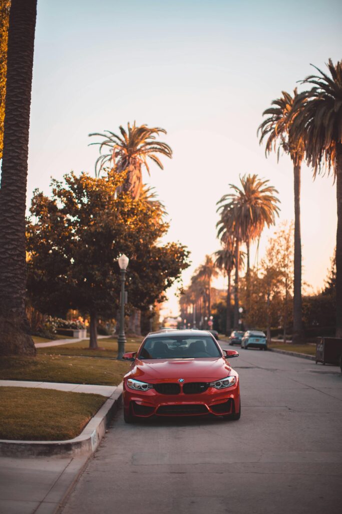 pexels-photo-3166786-3166786 A red BMW parked on a street in Los Angeles with iconic palm trees during sunset.